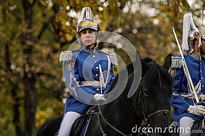 Mounted female member of the Romanian Jandarmi horse riders from the Romanian Gendarmerie in ceremonial and parade uniform Editorial Stock Photo
