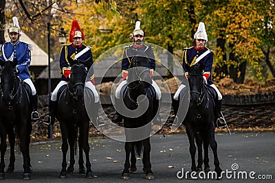 Mounted Romanian Jandarmi horse riders from the Romanian Gendarmerie in ceremonial and parade uniforms Editorial Stock Photo