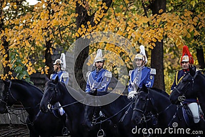 Mounted Romanian Jandarmi horse riders from the Romanian Gendarmerie in ceremonial and parade uniforms Editorial Stock Photo