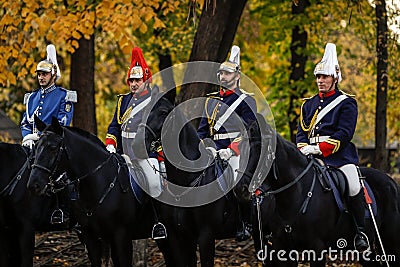 Mounted Romanian Jandarmi horse riders from the Romanian Gendarmerie in ceremonial and parade uniforms Editorial Stock Photo