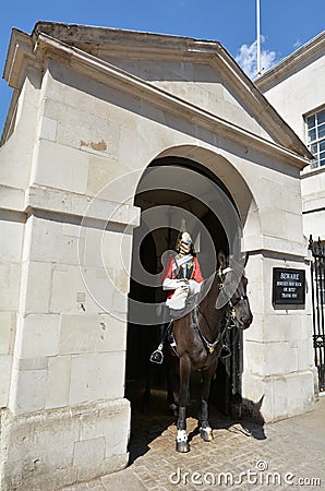 Mounted trooper of the Household Cavalry on duty at Horse Guards Editorial Stock Photo