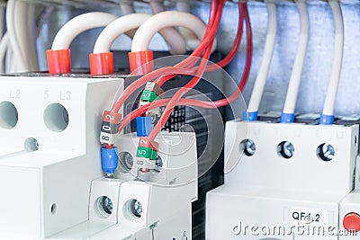 On the mounting panel in the electrical Cabinet there are installed circuit breakers protect the motor. Circuit breakers protect m Stock Photo