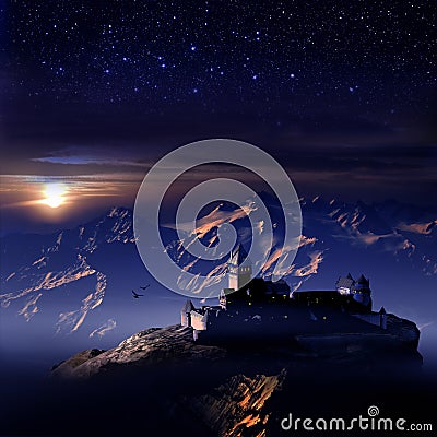 Mounts and Castle under Stars Stock Photo