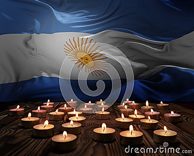 Mourning candles burning on Argentina national flag of background. Memorial weekend, patriot veterans day, National Day of Service Cartoon Illustration