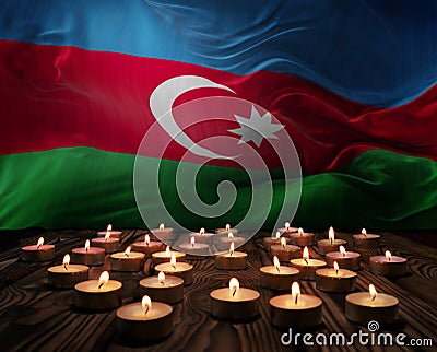 Mourning candles burning on Azerbaijan national flag of background. Memorial weekend, patriot veterans day, National Day of Cartoon Illustration