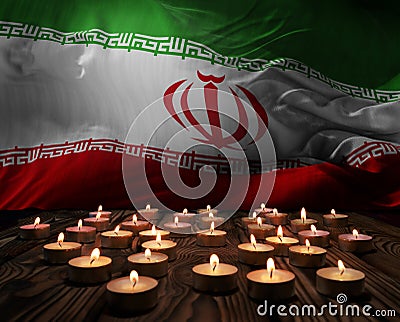 Mourning candles burning on Iran national flag of background. Memorial weekend, patriot veterans day, National Day of Service Cartoon Illustration