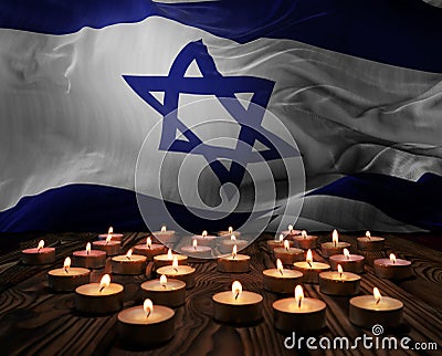 Mourning candles burning on Israel national flag of background. Memorial weekend, patriot veterans day, National Day of Service Cartoon Illustration