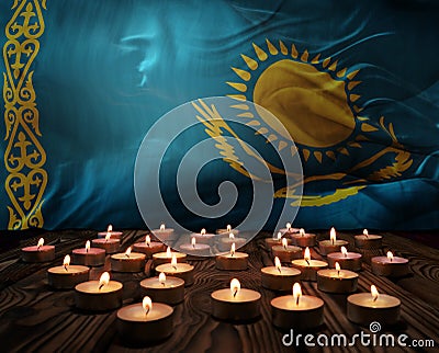 Mourning candles burning on Kazakhstan national flag of background. Memorial weekend, patriot veterans day, National Day of Cartoon Illustration