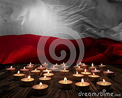 Mourning candles burning on Poland national flag of background. Memorial weekend, patriot veterans day, National Day of Service Cartoon Illustration