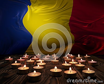 Mourning candles burning on Romania national flag of background. Memorial weekend, patriot veterans day, National Day of Service Cartoon Illustration