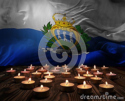 Mourning candles burning on San Marino national flag of background. Memorial weekend, patriot veterans day, National Day of Cartoon Illustration