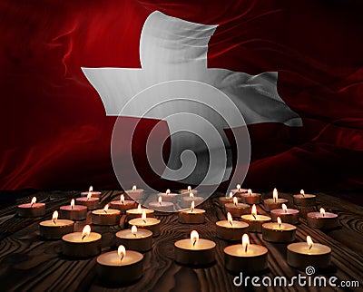 Mourning candles burning on Switzerland national flag of background. Memorial weekend, patriot veterans day, National Day of Cartoon Illustration