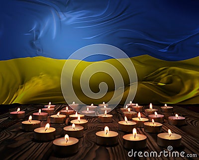 Mourning candles burning on Ukraine national flag of background. Memorial weekend, patriot veterans day, National Day of Service Cartoon Illustration