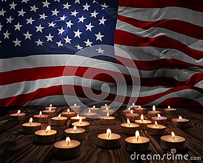 Mourning candles burning on USA national flag of background. Memorial weekend, patriot veterans day, National Day of Service Cartoon Illustration