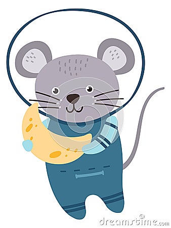 Mouse astronaut with cheese moon crescent. Space animal Vector Illustration