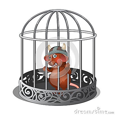 Mouse in the cage bares his teeth isolated on white background. Vector illustration. Vector Illustration