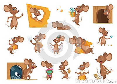 Mouse cartoon. Small mice in action poses lab animals friendly mascot pets vector characters Vector Illustration