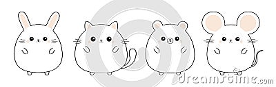 Mouse, cat kitten kitty, bear, rabbit hare icon set. Black contour silhouette. Kawaii animal. Doodle linear sketch. Cute cartoon Vector Illustration