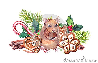 Mouse with Christmas symbols watercolor illustration. Cute brown rat near ginger cookies, fir branches and mistletoe Cartoon Illustration