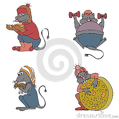 Mouse colorful set. Hand drawing sketch. Black outline on white background. Vector illustration Vector Illustration