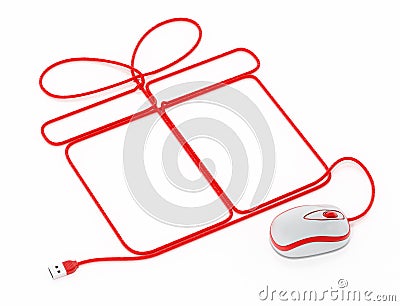 Mouse connected to cord forming giftbox shape. 3D illustration Cartoon Illustration