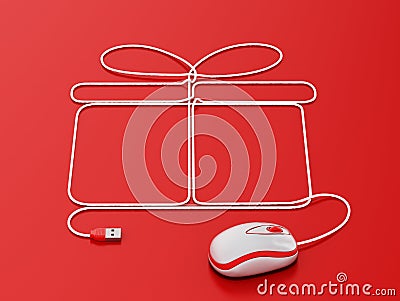 Mouse connected to cord forming giftbox shape. 3D illustration Cartoon Illustration