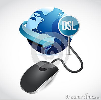 Mouse connected to a grey globe with a DSL sign. Cartoon Illustration