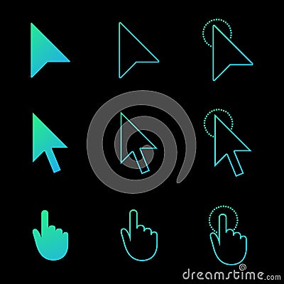 Mouse cursor icon set , arrow and hand in modern gradient style. click and link web icons. Vector illustration isolated on black Cartoon Illustration