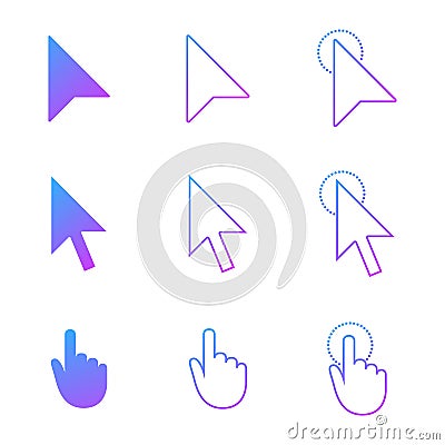 Mouse cursor icon set , arrow and hand in modern gradient style. click and link web icons. Vector illustration isolated on white Cartoon Illustration
