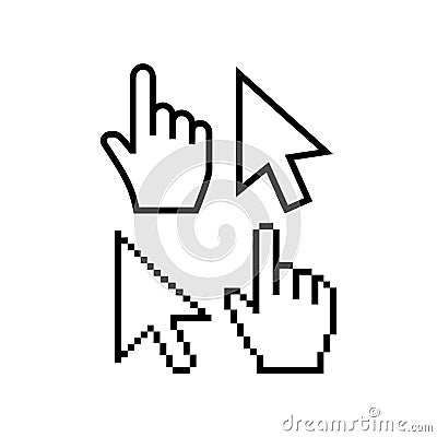 Mouse cursor vector icons. Hand cursor pointer icon, pixel and regular. Arrow poiner cursor icon Vector Illustration