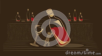 Mouse dragging an old wine bottle Vector Illustration