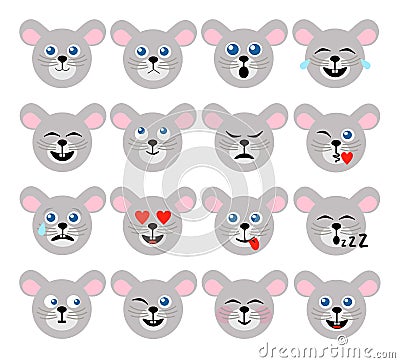 Mouse face icons. Set of cartoon mouse stickers. Funny smiles, emoji, expressions, emoticons. Vector illustration. Vector Illustration