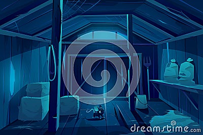 Mouse in farm barn house at night. Fieldmouse Vector Illustration