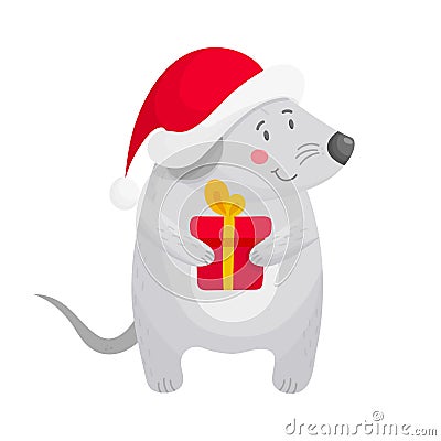 Mouse with gift in paws and red Santa cap Vector Illustration