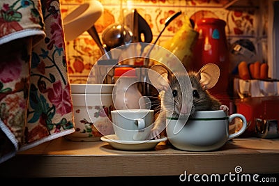 mouse hiding behind a coffee mug on a cluttered kitchen table Stock Photo