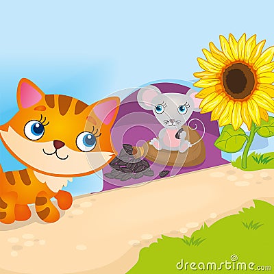 Mouse Hiding From Cat Vector Illustration