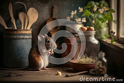 mouse in kitchen looking window, illustration Generative AI Cartoon Illustration