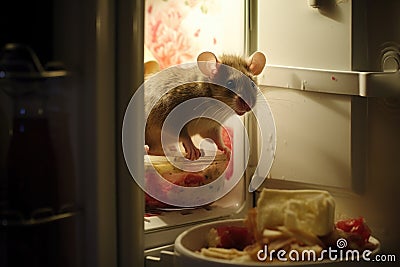 mouse nibbling at leftovers on a plate in the fridge Stock Photo