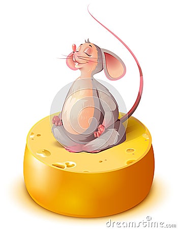 Mouse rat sits on big cheese head in lotus position and meditates Vector Illustration