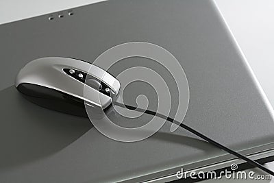 Mouse on a silver laptop Stock Photo