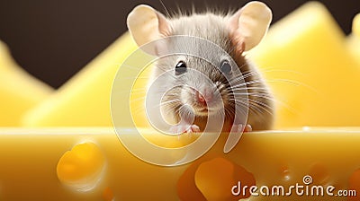 A mouse is sitting on top of a piece of cheese, AI Stock Photo