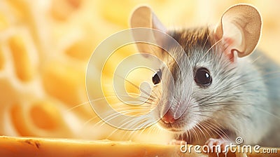 A mouse is sitting on top of a piece of cheese, AI Stock Photo