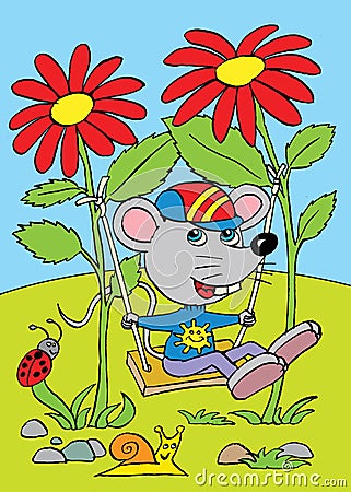 The mouse on the swing made from two flowers Stock Photo