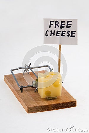 Mouse trap with cheese and Free Cheese sign. Stock Photo