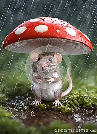 Mouse Under A Mushroom Umbrella Stock Photo