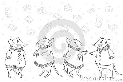 Mouse in a warm blouse looks at cheese. Funny character. Set of icons. Sketch. New year. Greeting card. Vector. Vector Illustration