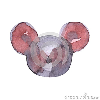Mouse watercolour illustration. Funny icon of animal. Grey rat with pink ears isolated on white background. 2020 new Cartoon Illustration