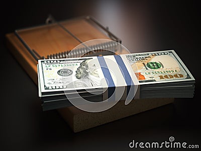 Mousetrap with dollar bills on black background. Risk in busine Cartoon Illustration