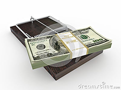 Mousetrap with dollar on white isolated background Stock Photo