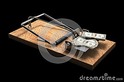 Mousetrap with money on black Cartoon Illustration